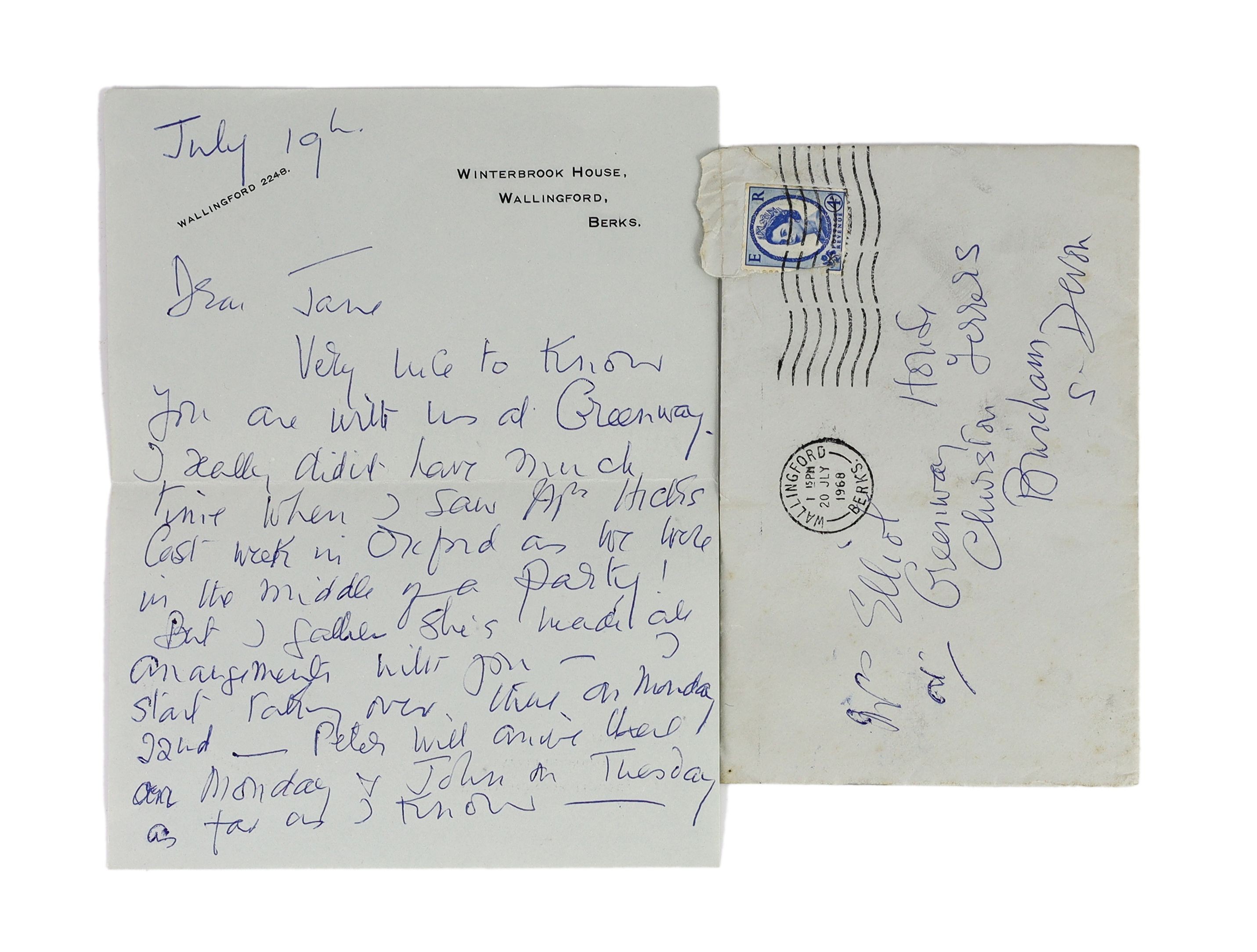 A manuscript letter from Agatha Christie to Mrs Elliot on Winterbrook House notepaper